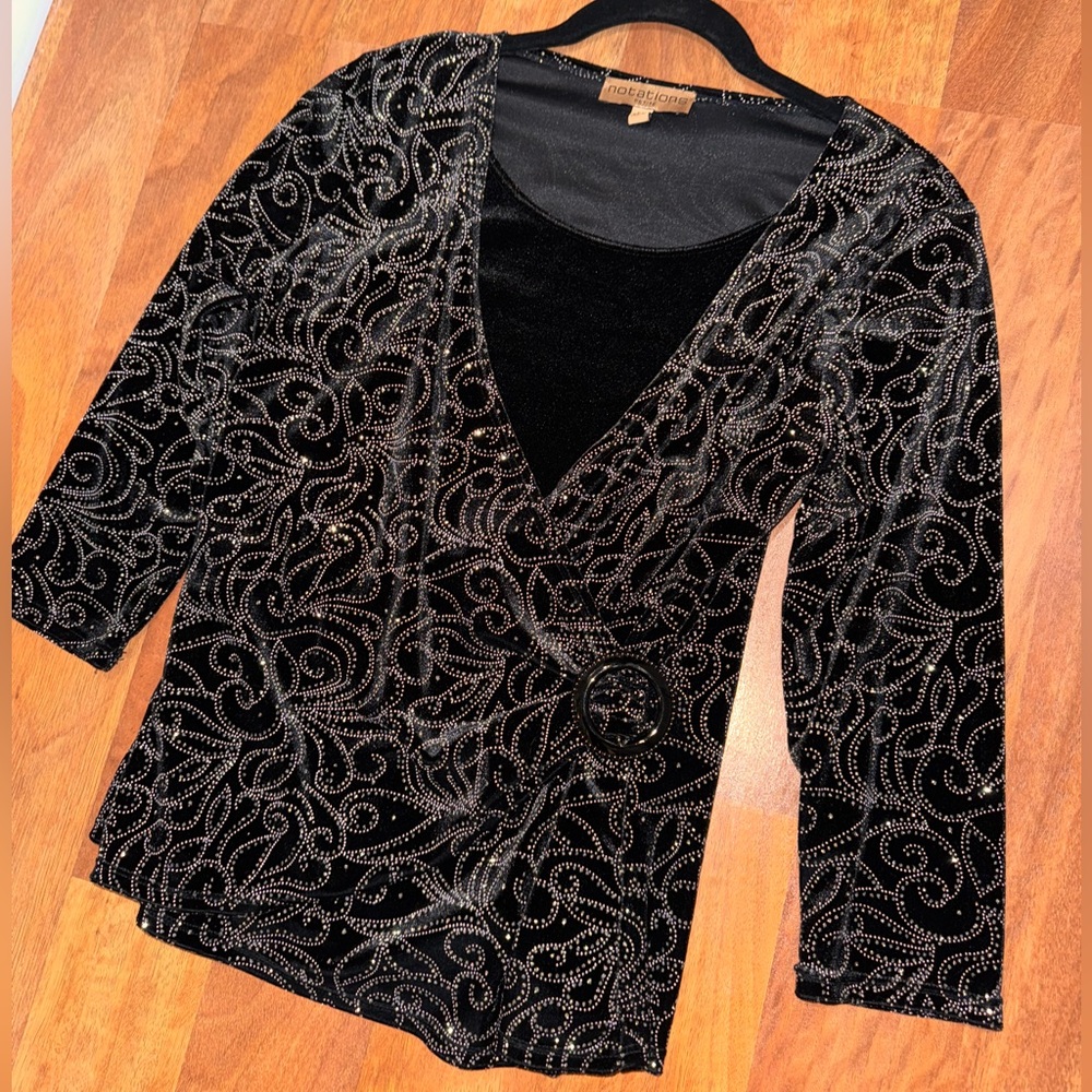 Notations Black velvet sparkly wrap front long sleeve formal going out blouse